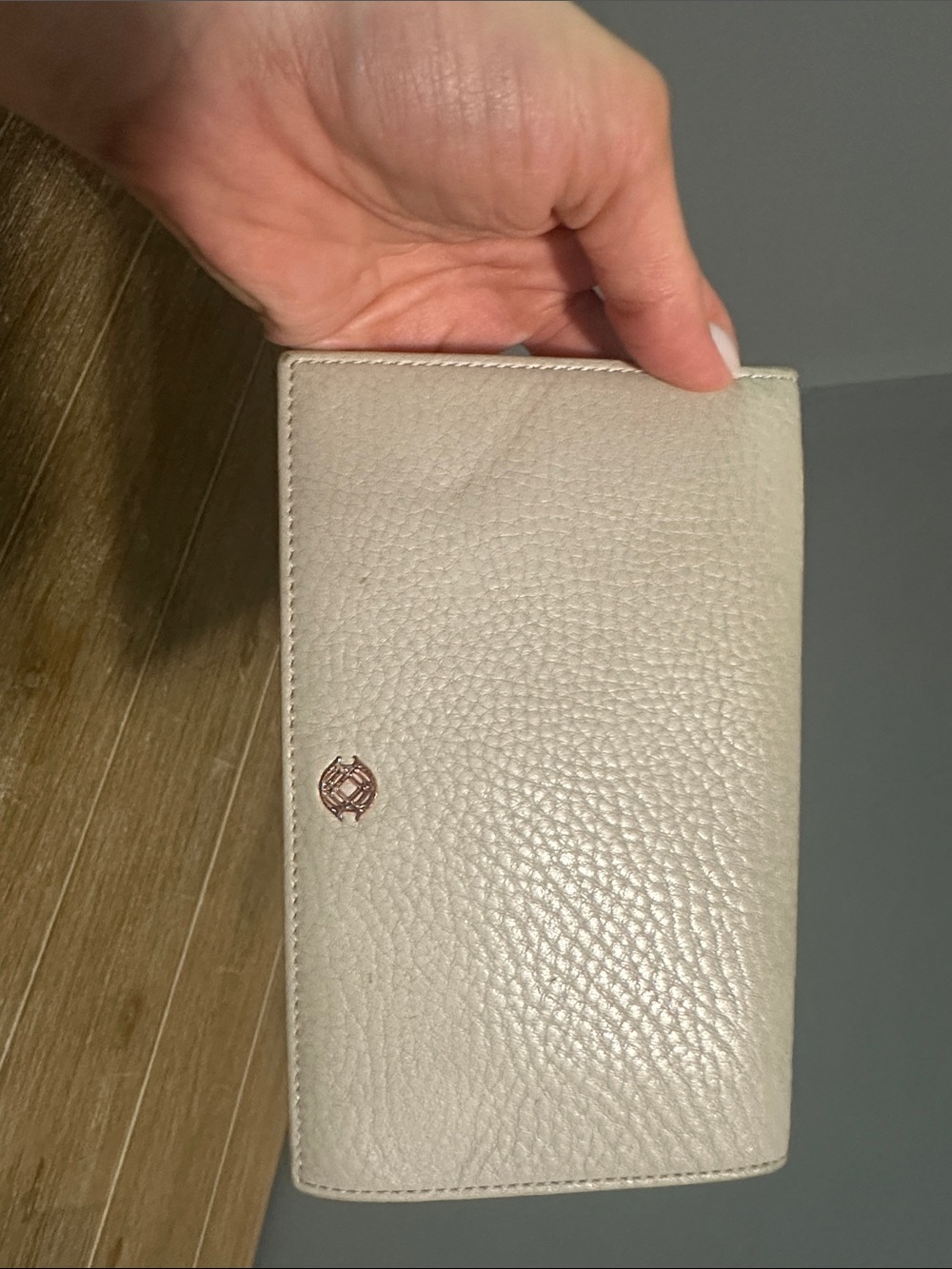 Dagne Dover Pebbled Leather Wallet in Light Beige with Rose Gold Accent